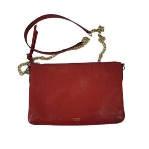 Fossil Red Leather Chain Strap Zipper Closure Card Slot Handbag Crossbody Purse